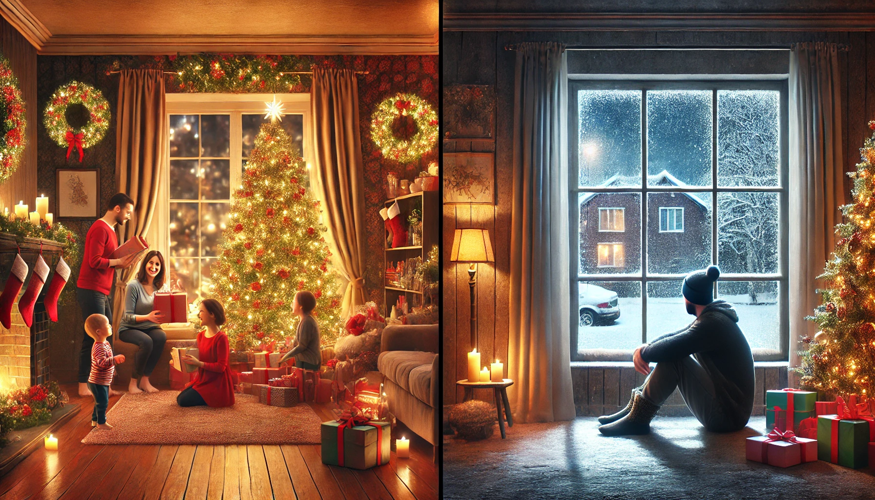 Fotorealistica che rappresenta il contrasto tra la gioia e la malinconia natalizia, con una scena di festa accanto a una più solitaria e riflessiva.